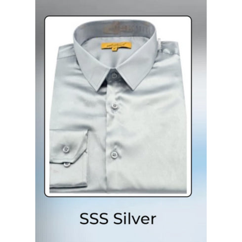 Men’s Silver Satin Dress Shirt and Pants Set – Luxury Slim Fit Outfit for Parties, Weddings, and Formal Events