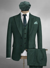Men’s Hunter Green Pinstripe 3-Piece Suit – Vintage Wedding, Prom and Formal Suit with Matching Vest