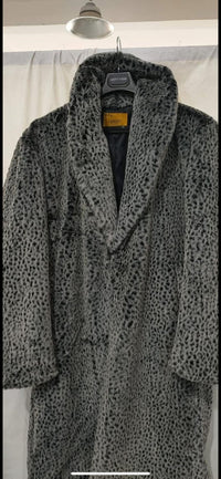 Men’s Luxury Long Grey Faux Fur Coat – Winter Overcoat with Animal Print Design