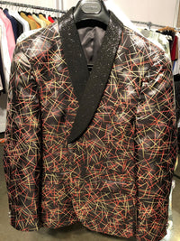 Men’s Black Shiny Designer Blazer with Red and Gold Pattern – Luxury Party & Wedding Jacket