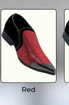 Men’s Red Glitter Tuxedo Loafers – Shiny Slip-On Dress Shoes with Black Patent Toe for Parties and Formal Events