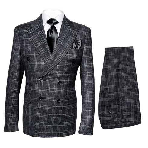 Men’s Charcoal Plaid Double-Breasted Suit –  Tailored Pants Windowpane Pattern By Rossiman