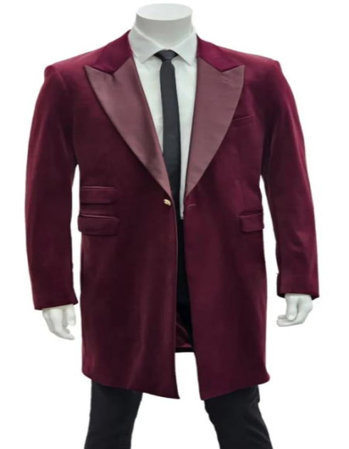 Men’s Burgundy Tuxedo in  Velvet  Long Blazer – Victorian Cutaway Tuxed  Suit 1920s Gangster Style Long Jacket with Black Pants