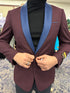 Mens Burgundy Tuxedo Dinner Jacket Blazer with Blue Satin Shawl Lapel Wedding and Party Jacket