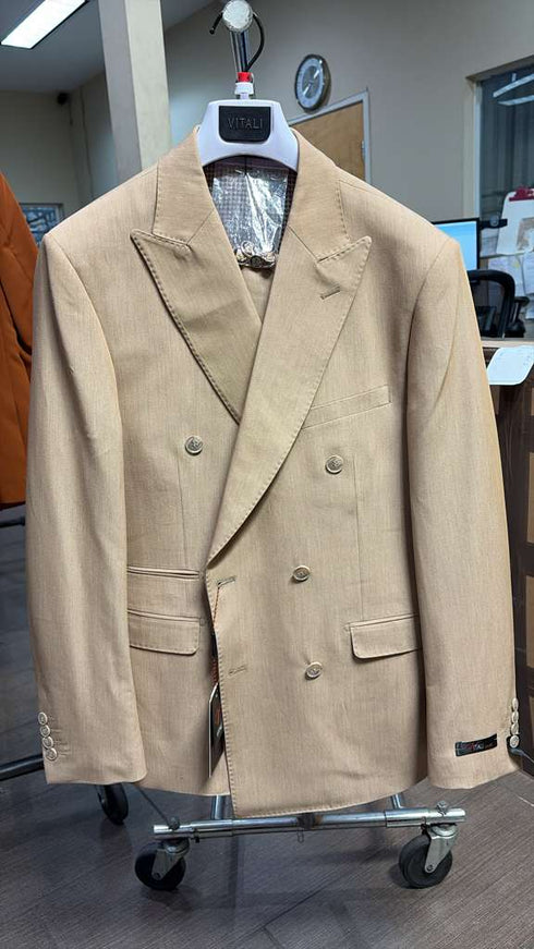 Vitali Brand Men’s Beige Double Breasted Suit – Classic Wedding, Prom & Party Wear Formal Outfit Khaki Camel Color