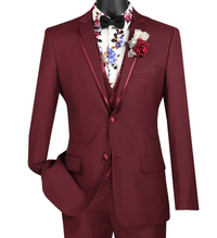 Men’s Burgundy Western Tuxedo Suit, 3 Piece Cowboy Formal Wedding Prom Suit with Satin Trim