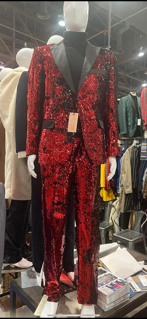 Men’s Red Sequin Tuxedo Suit with Black Lapel – Luxury Slim Fit Blazer and Pants Set Matching