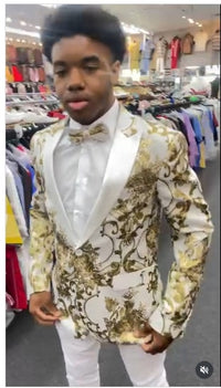 Mens White and Gold Floral Tuxedo Jacket with Satin Lapel – Luxury Prom, Wedding, and Formal Dinner Blazer