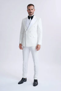 Men’s White Double Breasted Dinner Jacket Blazer with Black Pants – Formal Tuxedo Style Outfit for Weddings