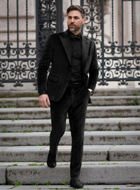 Men’s Black Velvet Tuxedo Suit – Peak Lapel Wedding, Prom and Formal Evening Velvet Pants