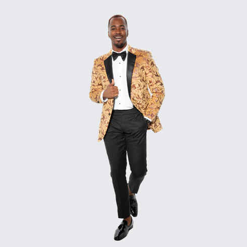 Men’s Yellow Gold Baroque Pattern Tuxedo Blazer Suit – Party and Wedding Jacket Prom Paisley Black Pants