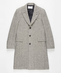 Men’s Grey Herringbone Long Overcoat – Tweed Black and White Pattern Wool Topcoat Three Qaurter