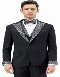 Mens Black and White Lapel Tuxedo Suit – Black Formal Tuxedo with White Pattern Lapel for Wedding, Prom and Evening Events