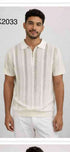 Mens Cream Ivory Off White Knit Walking Suit Set – Lightweight Short Sleeve Shirt and Pants Outfit for Summer, Vacation and Casual Wear