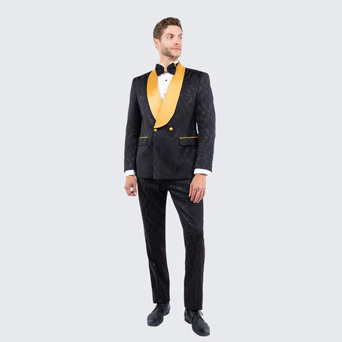 Men’s Black and Gold Jacquard Tuxedo Suit – Luxury Slim Fit Formal Wedding, Prom, and Gala Outfit