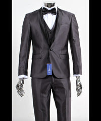 Men’s Shiny Sateen Charcoal Gray Tuxedo 3 Piece Suit with Black Shawl Lapel | Formal Wedding Prom Suit Sharkskin