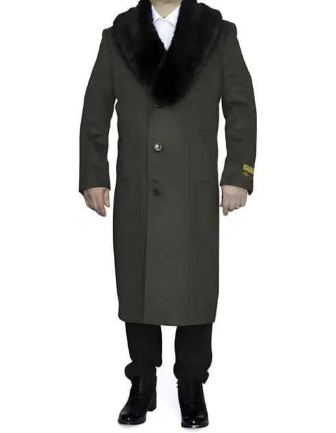 Mens Full Length Olive Overcoat with Black Fur Collar – Luxury Wool Fabric Winter Long Coat in Hunter Green