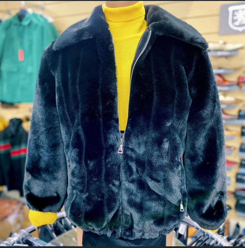 Men’s Black Faux Fur Jacket – Luxury Winter Zip-Up Coat with Soft Plush Finish