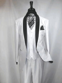Men’s White Shiny Flashy Fabric Tuxedo Suit with Black Shawl Lapel | Luxury Formal Wedding and Evening Suit Sharkskin Metallic Fabric
