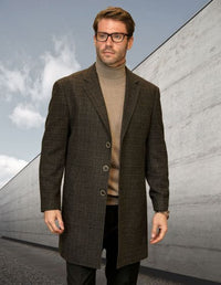 Men’s Brown Checkered Wool Overcoat – Long Winter Coat with Classic Plaid Pattern By Statement