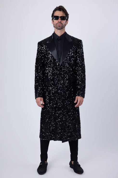 Men’s Black Sequin Long Coat with Satin Shawl Lapel – Luxury Statement Evening Overcoat