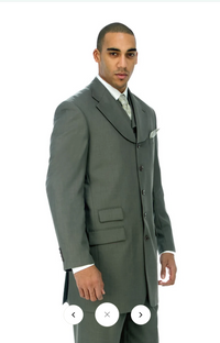 Men’s 1920s Gray Zoot Suit  – 4 Buttons  Gangster Wide Lapel Long Jacket 3-Piece Suit in Grey Color Classic Fit Pleated Pants