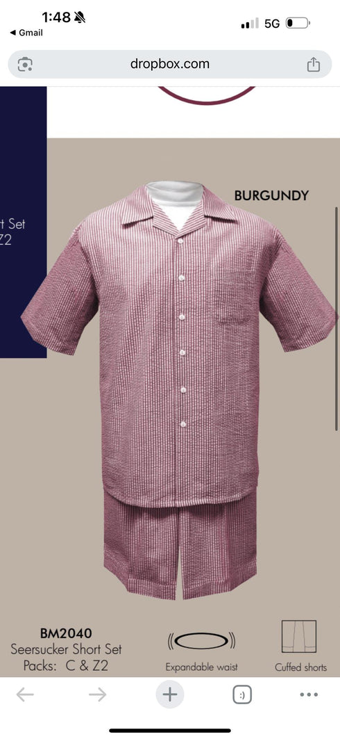 Men’s Burgundy Redish Seersucker Short Set Walking Suit – Two-Piece Cuffed Shorts with Expandable Waist