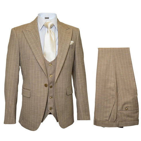 Men’s Beige Pinstripe Three-Piece Suit – Classic Fit Formal Suit with Vest and Flat-Front Pants in Tan Stripe By Rossiman