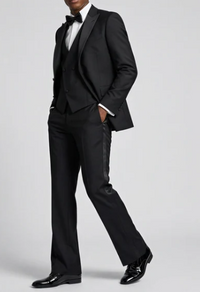 Men’s Black Boot Cut 3-Piece Tuxedo Suit – Peak Lapel Wedding, Prom and Formal Suit 1970s Style