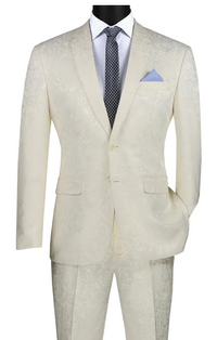 Men’s Ivory Paisley Shiny Suit – Flroal Formal Wedding and Prom Suit for Party, in Cream Off White