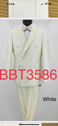 Men’s Ivory Double Breasted Tuxedo Dinner Jacket – Textured Blazer Paisley Texture Pattern in Off White Cream Color + Bowtie