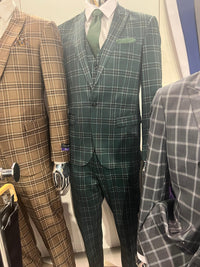 Men's Dark Green Plaid 3 Piece Suit – Checkered Suit Set for Wedding, Windowpane Tartan Fabric - Ultra Slim Fit