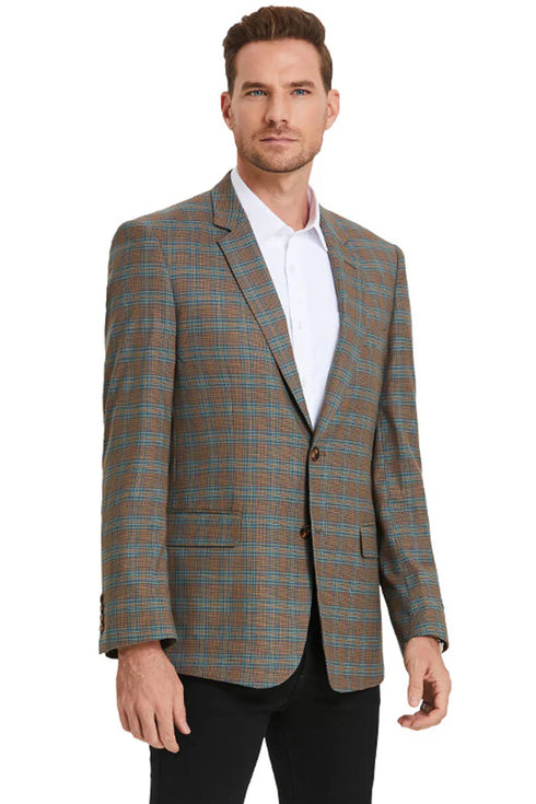 Men’s Green Brown and Teal Plaid Sport Coat – Tailored Fit Check Blazer Jacket - Tartan Sportcoat