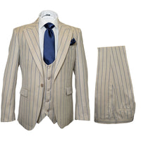Men's Beige with blue Pinstripe Three-Piece Suit with Vest by Rossiman Vested Peak Lapel in Tan Stripe 1920s style