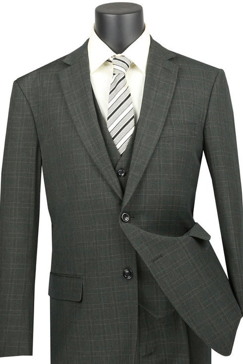 Mens Classic Fit Banker Plaid Vested Suit in Olive