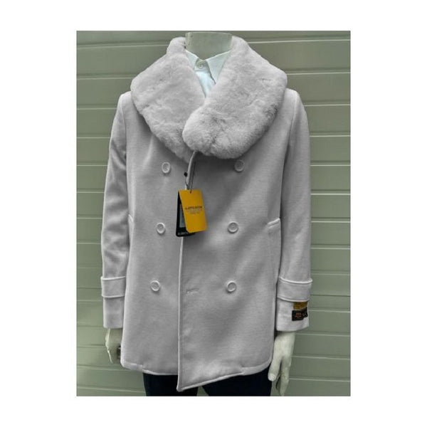 Men's Pea Coats With Fur Collar - Wool Light Grey Pea coats