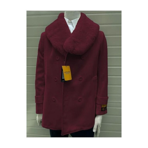 Men's Pea Coats With Fur Collar - Wool Dark Burgundy Pea coats