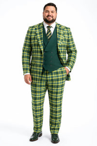 Men's Designer One Button Peak Lapel Italian Wool Suit with Double Breasted Vest in Hunter Green Plaid