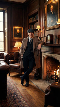 Mens Peaky Blinders Gray Plaid Double Breasted Overcoat + Suit  Peaky Blinders Vintage Wool Blend Coat 1920s