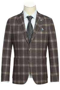 Pelago Men's Slim Cotton Blazer in Brown Windowpane Plaid - Half Canvas, Patch Pockets - Elegant Mensattire