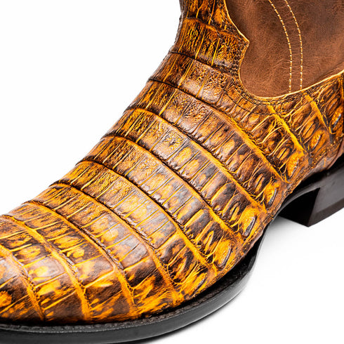 Marco Di Milano Phoenix Mustard Brown Caiman Crocodile Round Toe Cowboy Boots