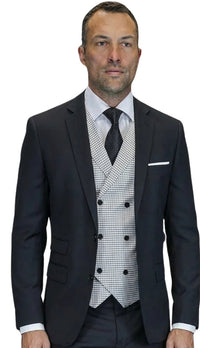 Mens Wool Suit With Houndstooth DB Vest in Color "Black" Modern Fit By Statement 1920's Great Gatsby Vintage