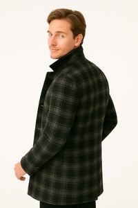 Men's Black and White Windowpane Plaid Overcoat – Classic Full Length Wool Blend Dress Coat