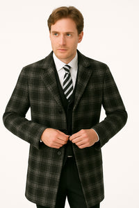 Men's Black and White Windowpane Plaid Overcoat – Classic Full Length Wool Blend Dress Coat