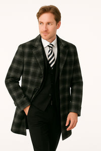 Men's Black and White Windowpane Plaid Overcoat – Classic Full Length Wool Blend Dress Coat