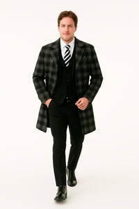 Men's Black and White Windowpane Plaid Overcoat – Classic Full Length Wool Blend Dress Coat