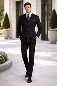 Pleated Suit - Mens Suits With Pleated Pant -  Regular Fit Double Breasted Suit -  Black Suit