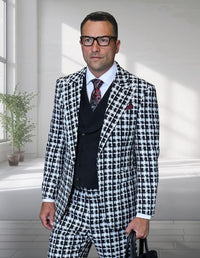 Statement Men's 3 Piece 100% Wool Fashion Suit - Unique Checker Pattern
