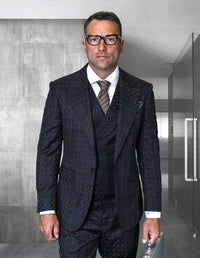 Statement Men's 3 Piece 100% Wool Fashion Suit - Unique Checker Pattern