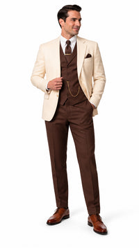 Great Gatsby 1920s Ivory Dinner Jacket with Brown Vest and Pants – Cream Off-White Collar Outfit